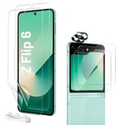 Samsung Galaxy Z Flip 6 Screen Protector, 2 Pack Inside Flexible Film + 2 Pack Front Tempered Glass + 2 Pack Camera Lens Protector Accessories Mounting Frame No Bubbles Case Friendly